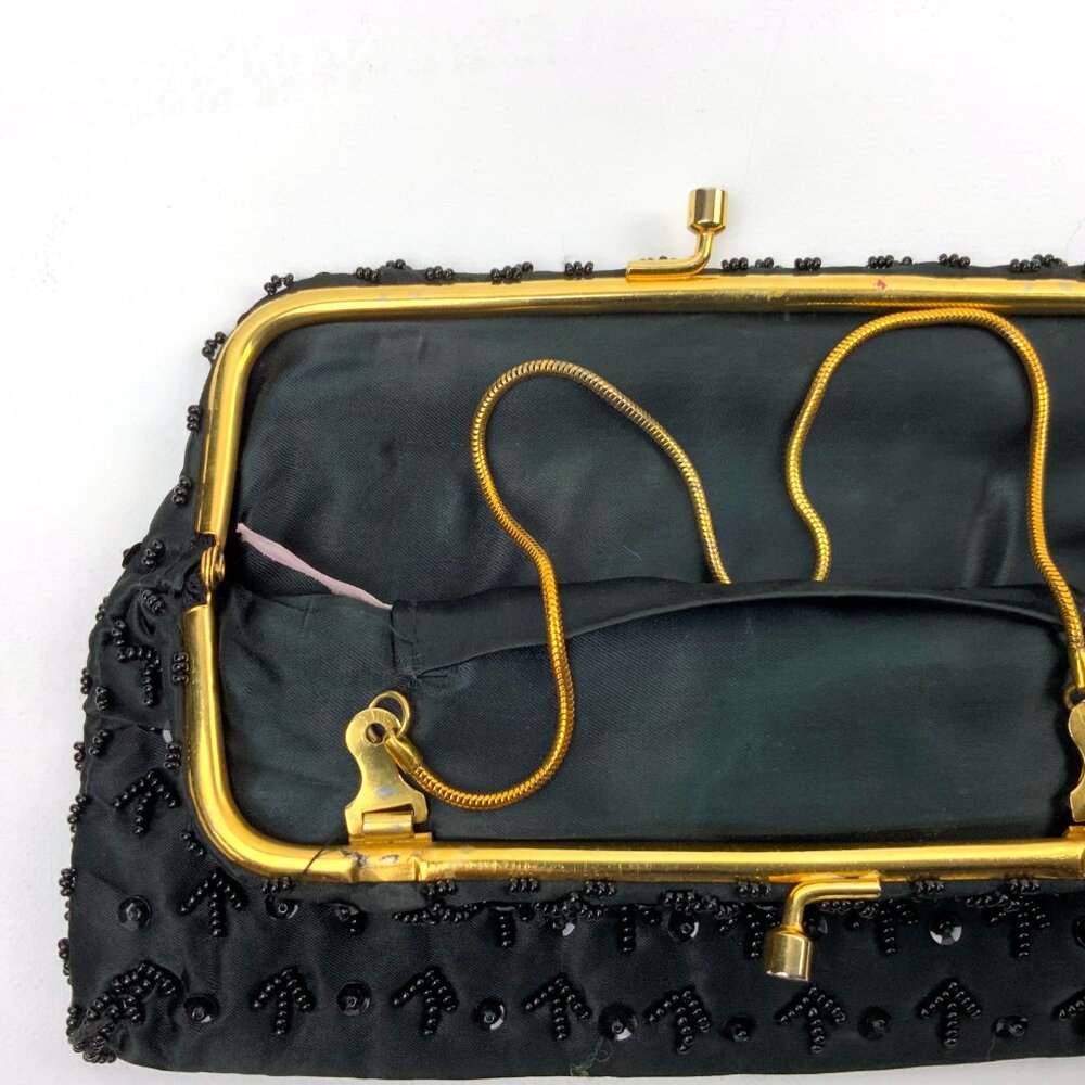 Vintage 60s Black Satin Silk Beaded and Sequined Evening Party Clutch/Bag - Picture 11 of 16
